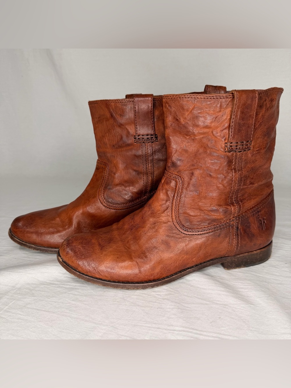 Frye Anna Shortie Brown Leather Pull-On Mid-Calf Bootie Round Toe Womens 10M
